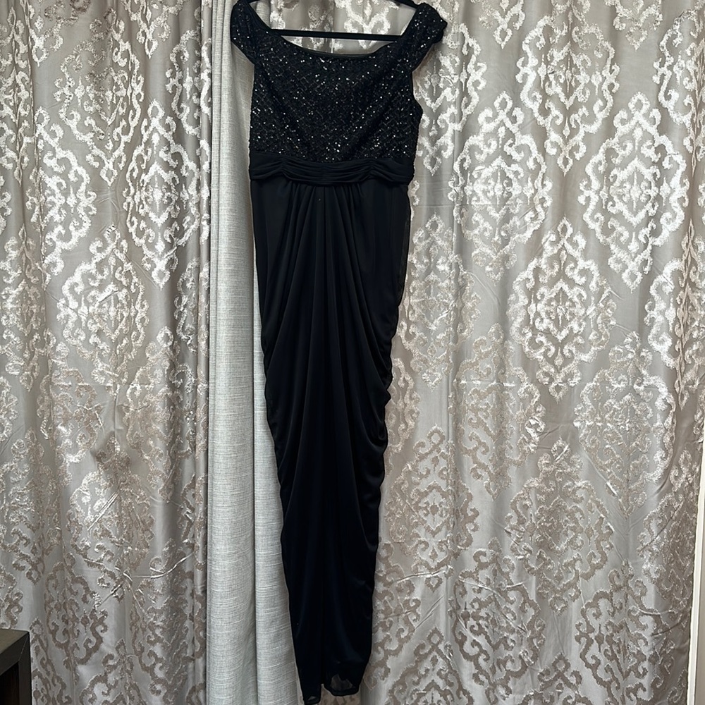 Papell Studio Black Sequin Ruched Off the Shoulder Evening Gown